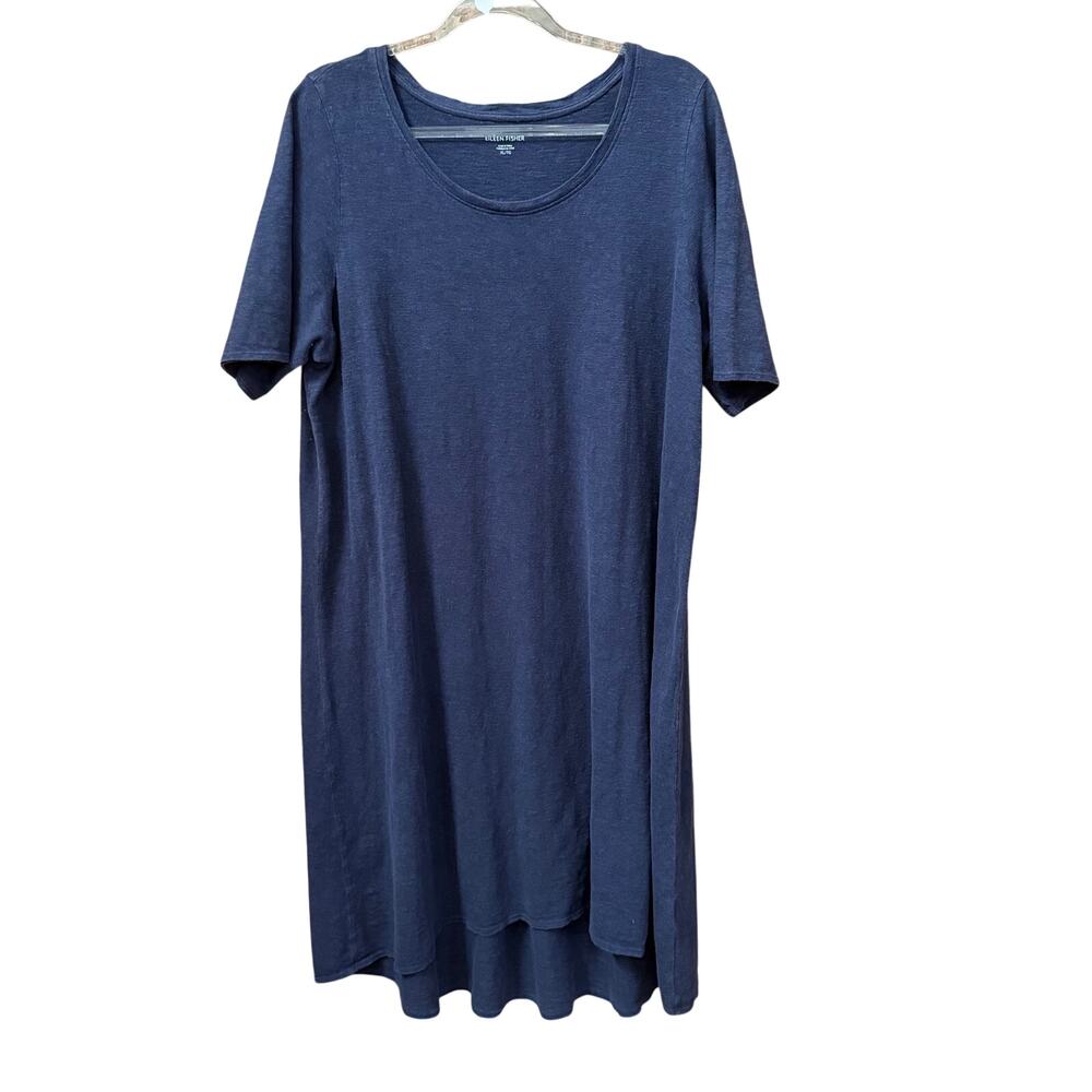 Eileen Fisher Hemp Cotton Slub Knit Dress Size XL Navy Midi T-Shirt Pullover
